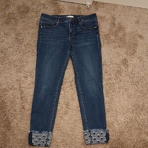LOFT Dark Blue Cropped Jeans with Patterned Cuffs